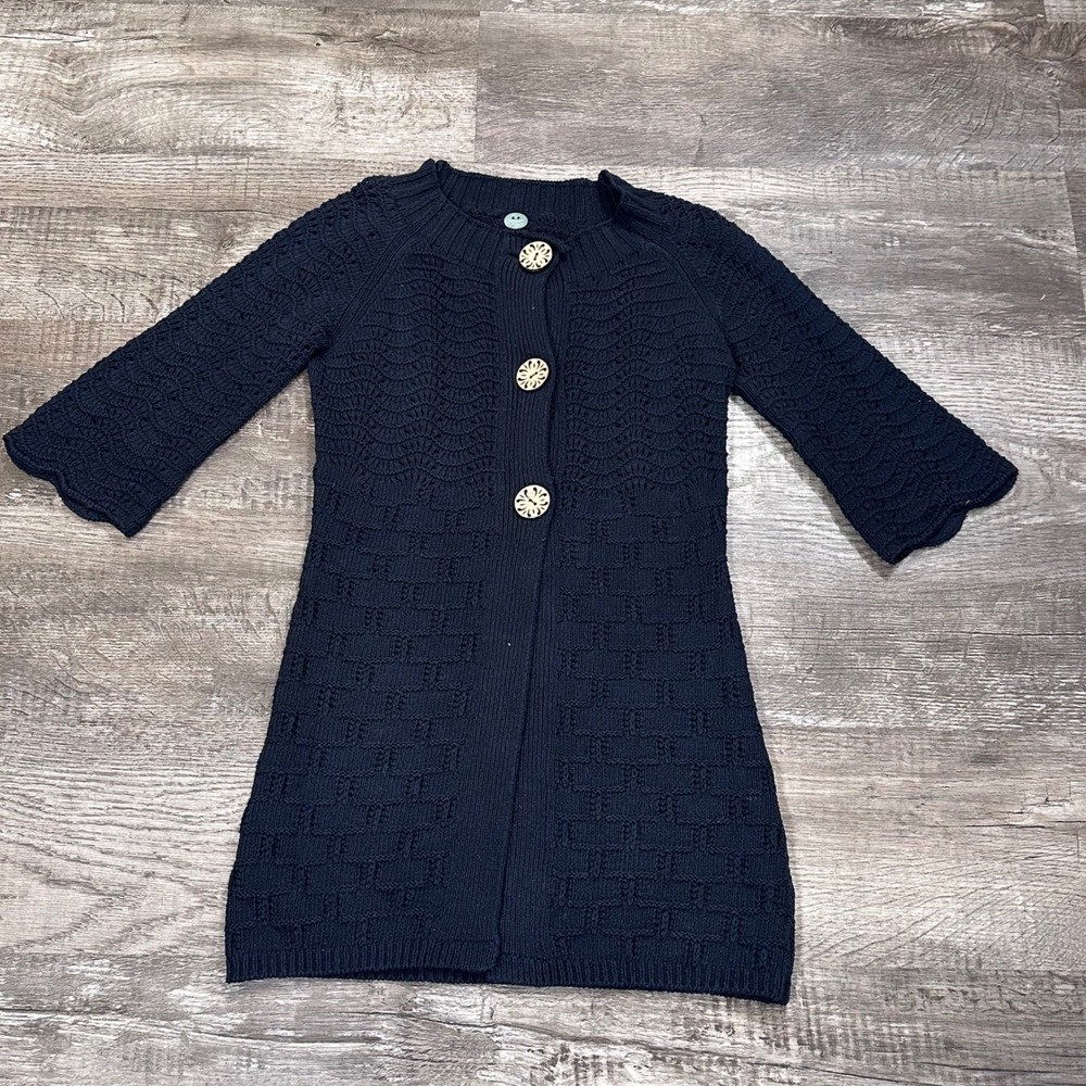 Margaret O\'Leary Black‎ Recycled Cotton Longline Scalloped Cardigan Sweater S